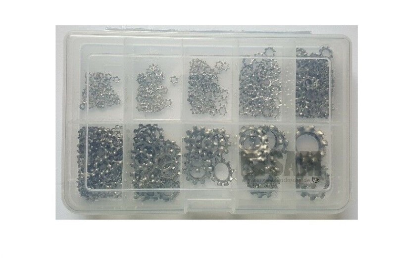 Toothed lock washers DIN 6797 form A kit 350 pcs stainless steel